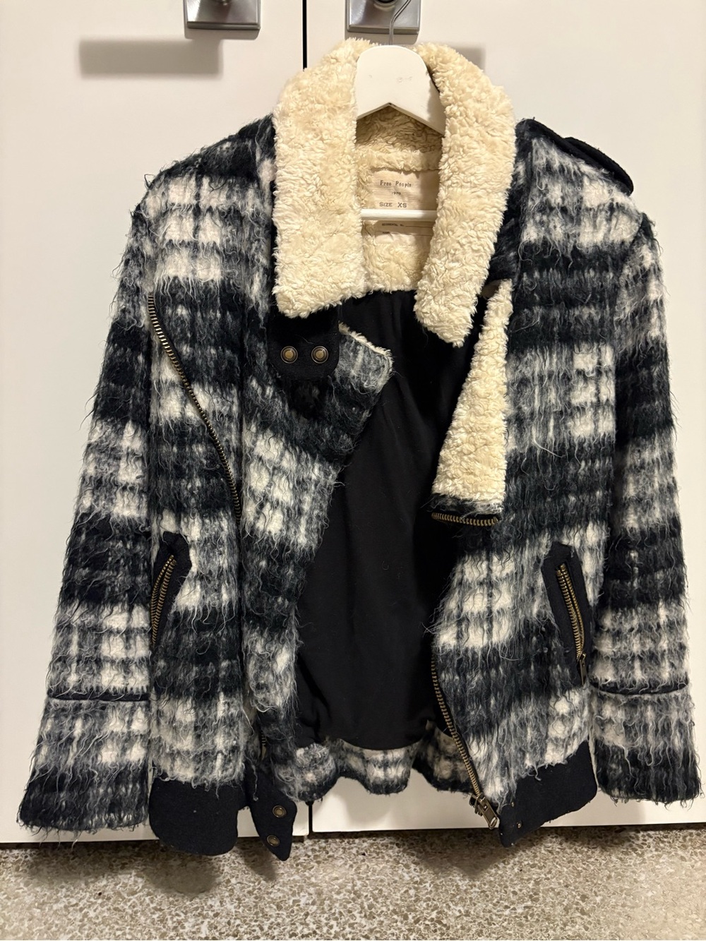 Free People Black & Cream Plaid Sherpa-Trim Jacket